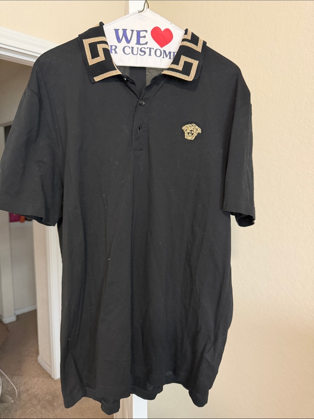 Versace Black Polo with Gold Greca Collar and Medusa Patch